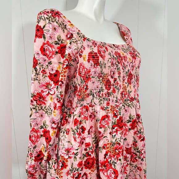 Old Navy 2X Floral Smocked Mini Dress Pink Red Boho Cottagecore Long Sleeve - Picture 6 of 12